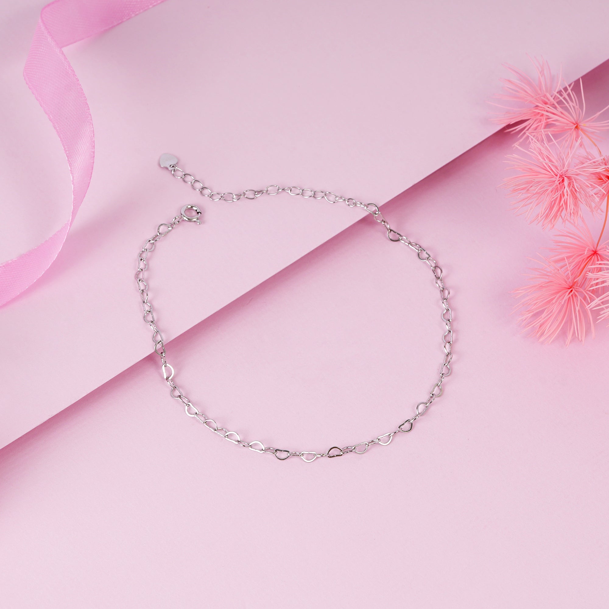 925 Sterling Silver Heart Link Chain Anklet