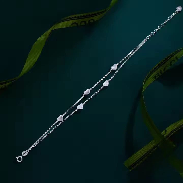 925 Sterling Silver Multi Layered Hearts Chain Bracelet