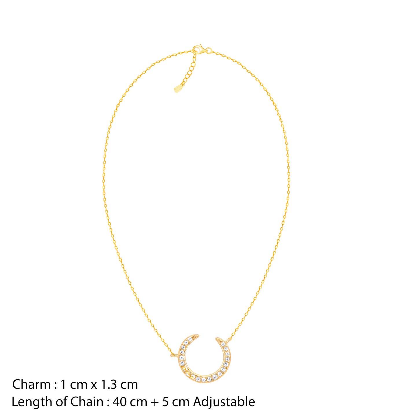 Gold necklace with a small round charm on a white background