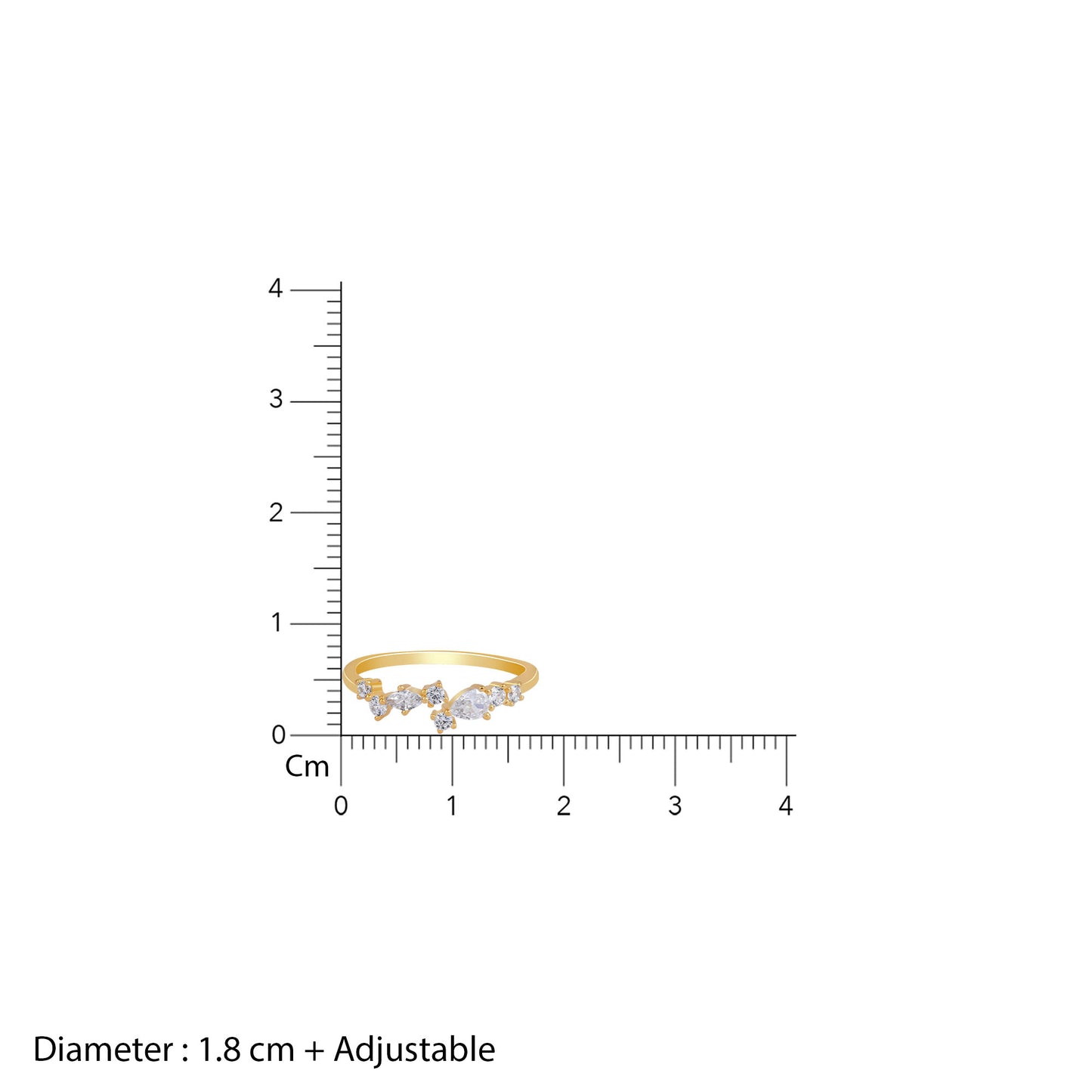 Gold ring with star-shaped stones on a white background with measurement scale