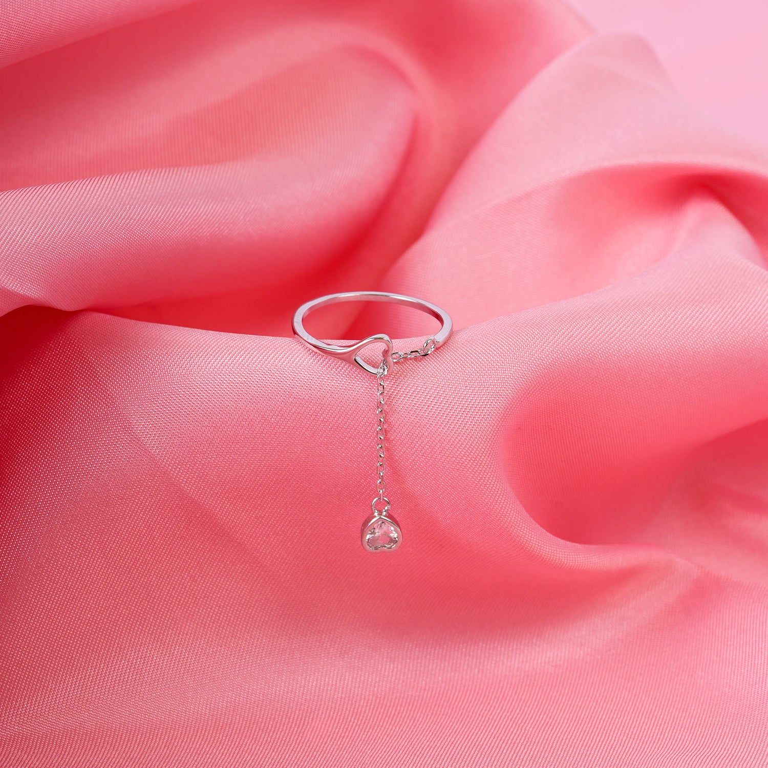 925 Sterling Silver Heart Chain Drop Dangle Adjustable Ring