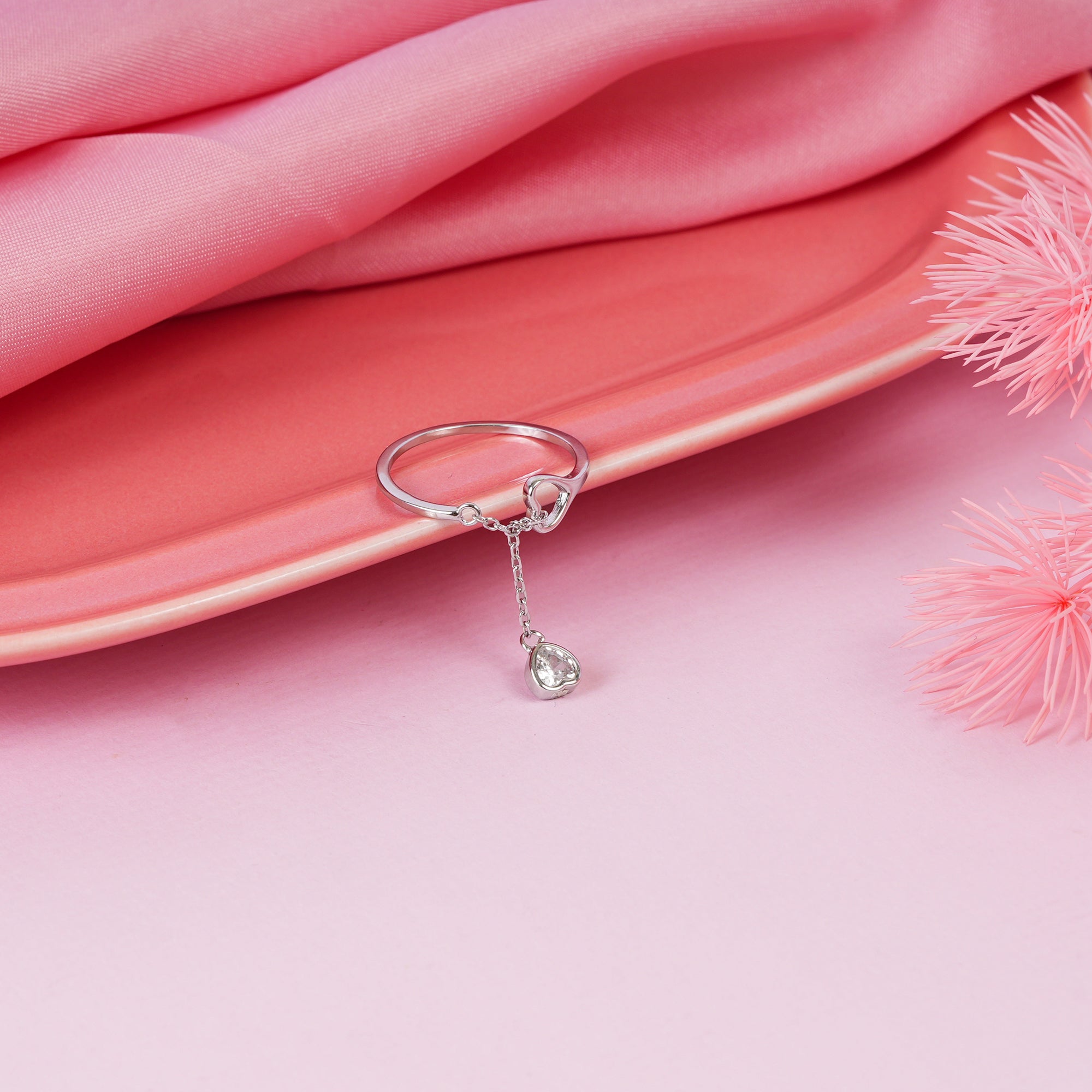 925 Sterling Silver Heart Chain Drop Dangle Adjustable Ring