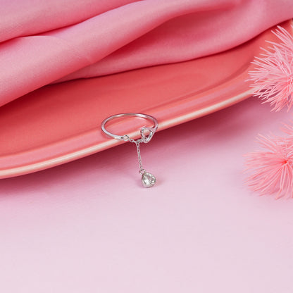 925 Sterling Silver Heart Chain Drop Dangle Adjustable Ring