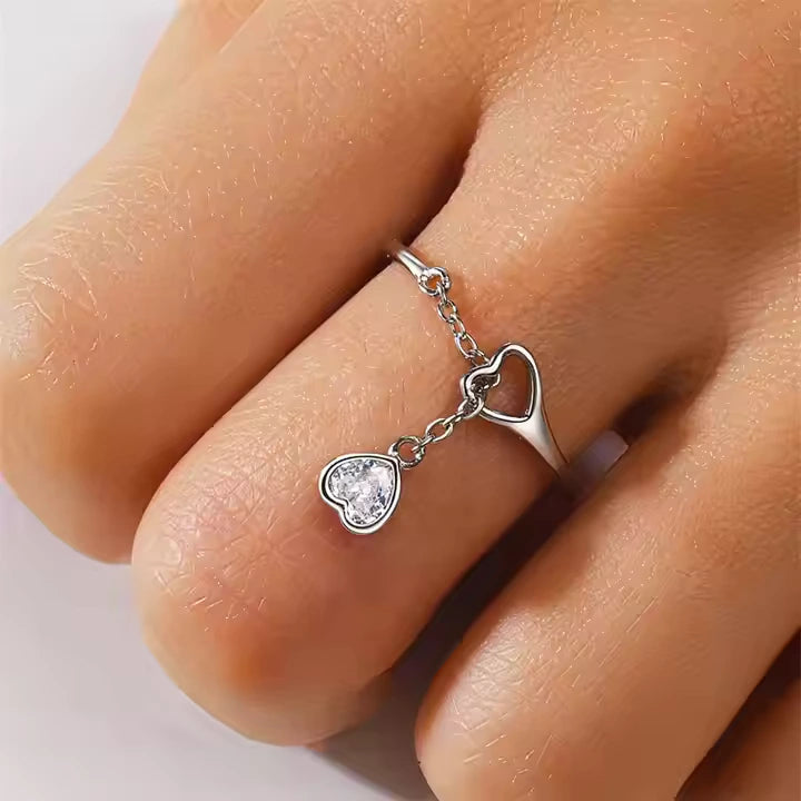 925 Sterling Silver Heart Chain Drop Dangle Adjustable Ring