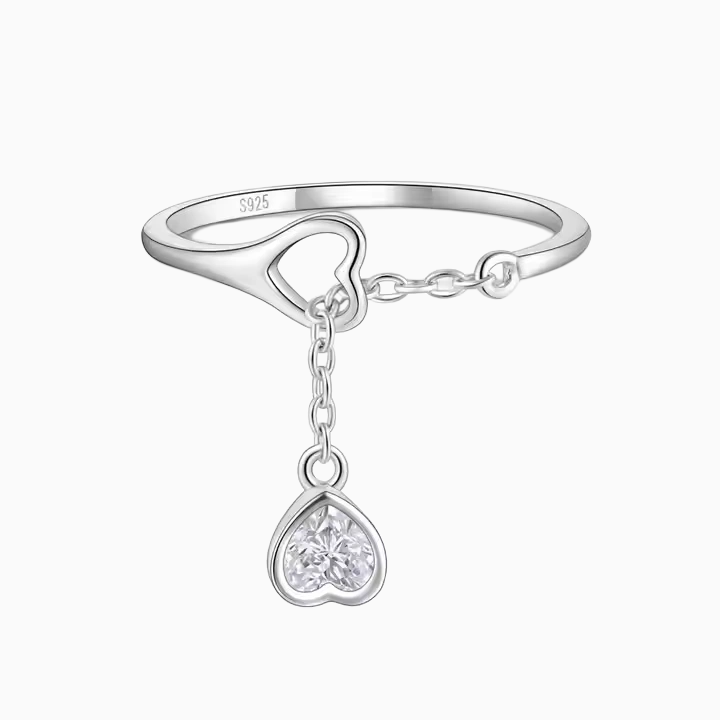 925 Sterling Silver Heart Chain Drop Dangle Adjustable Ring