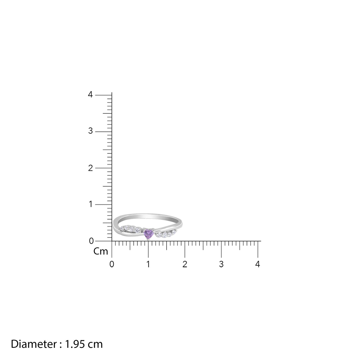 Silver ring with a purple gemstone next to a ruler on a white background