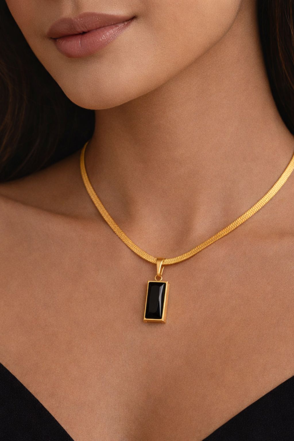 18K Gold Plated Black Stone Pendant Necklace