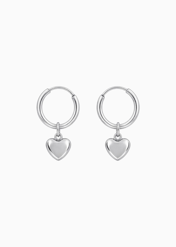 Heart Charm Hoop Earrings Silver
