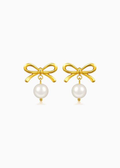 18K Gold Plated Poised Grace Pearl Bow Hoop Earrings