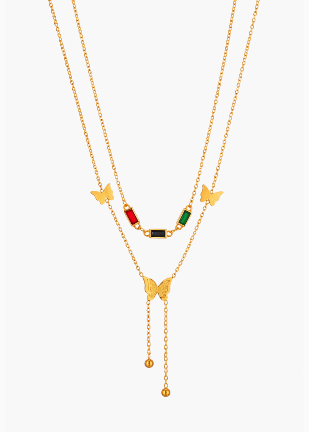 18K Gold Plated Multi Coloured Stone Butterfly Layered Necklace