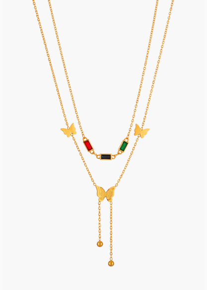 18K Gold Plated Multi Coloured Stone Butterfly Layered Necklace