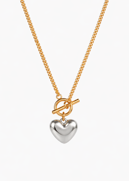 18K Two-Tone Plated  Heavy Love Heart Pendant Necklace