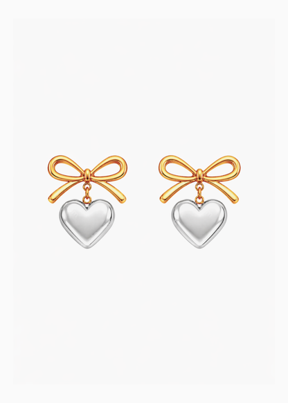 18K Multi Tone Plated Wrapped with Love Heart Bow Earrings - Silver