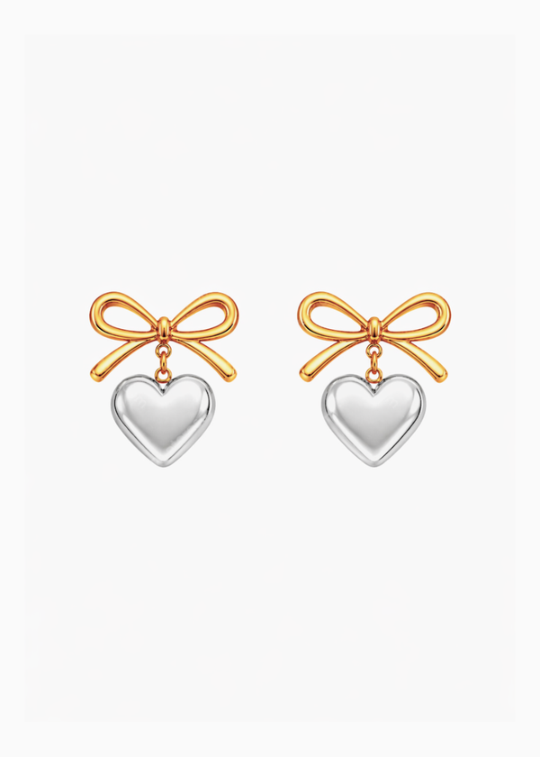 Heart Bow Earrings Two Tone