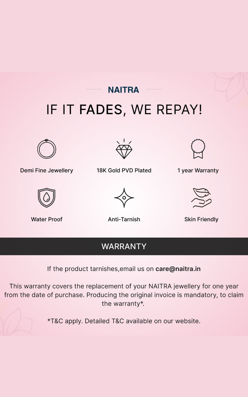 NAITRA jewelry warranty information on a pink background