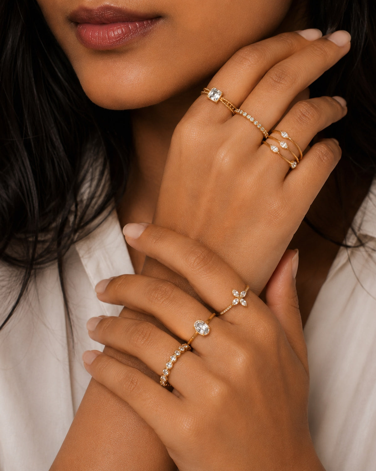 Model showing off her demifine 18K Gold plated statement rings for everyday wear jewelry