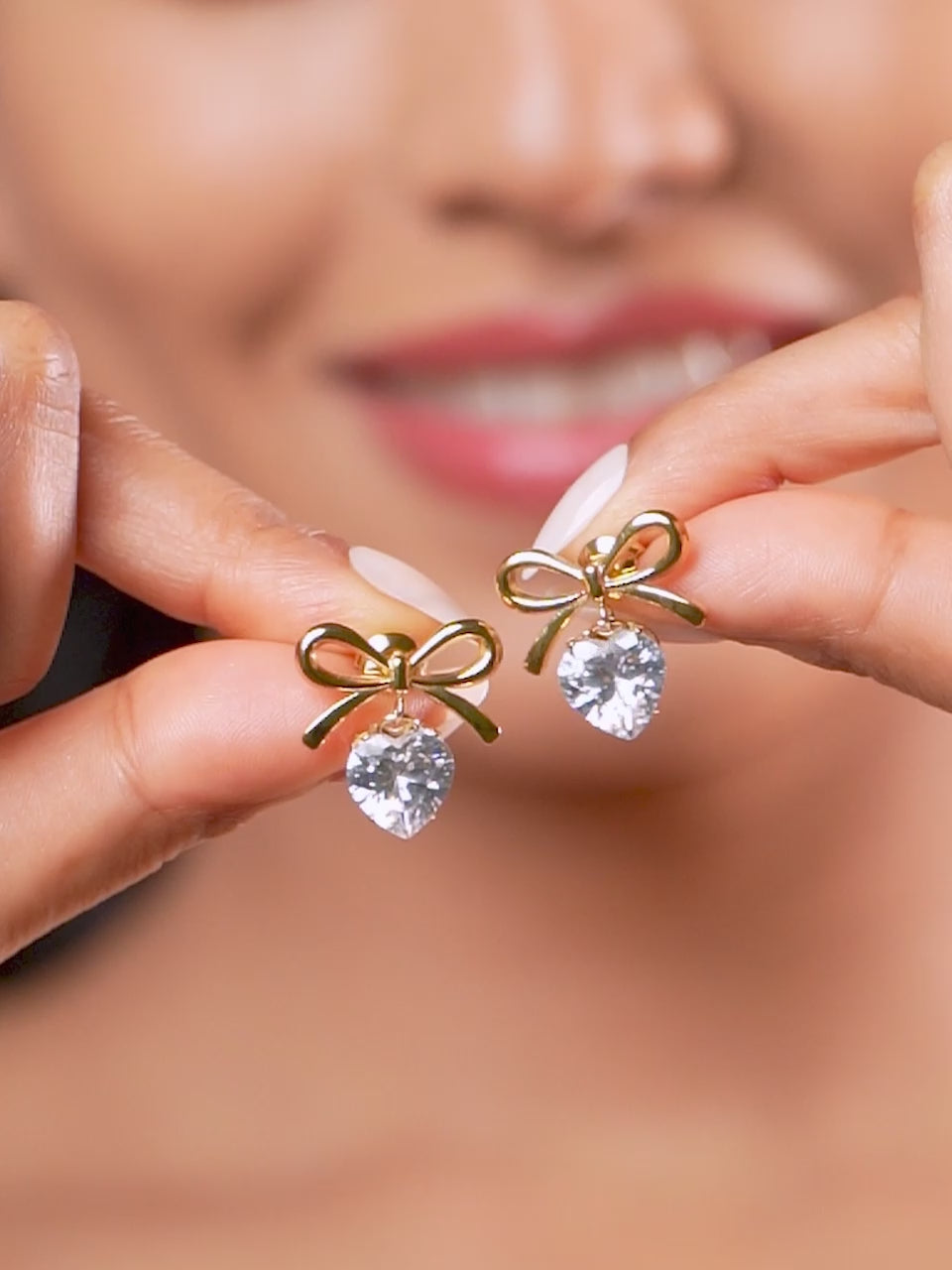 18K Gold Plated Bow &amp; Heart Crystal Drop Earrings