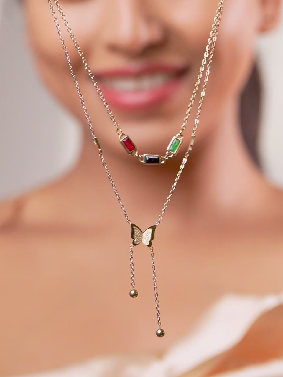 18K Gold Plated Multi Coloured Stone Butterfly Layered Necklace
