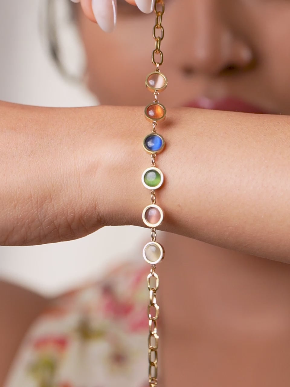 18K Gold Plated Multi Colored Cat Eye Beads Bracelet