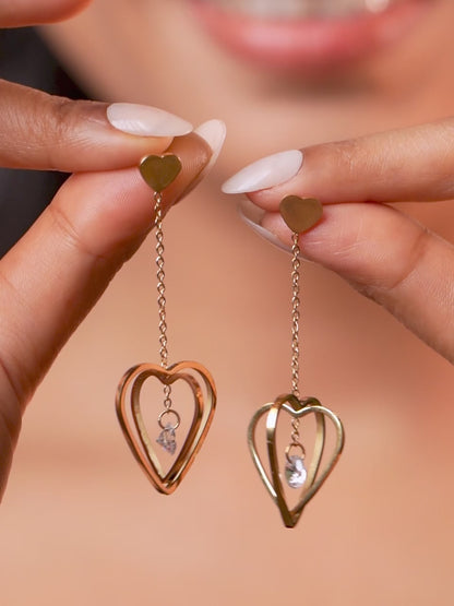 18K Gold Plated Glittering Heart CZ Dangle Earrings