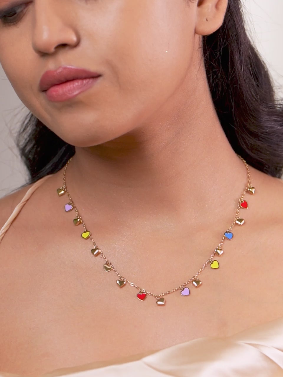 18K Gold Plated Multicolor Heart Charm Necklace and Bracelet Set