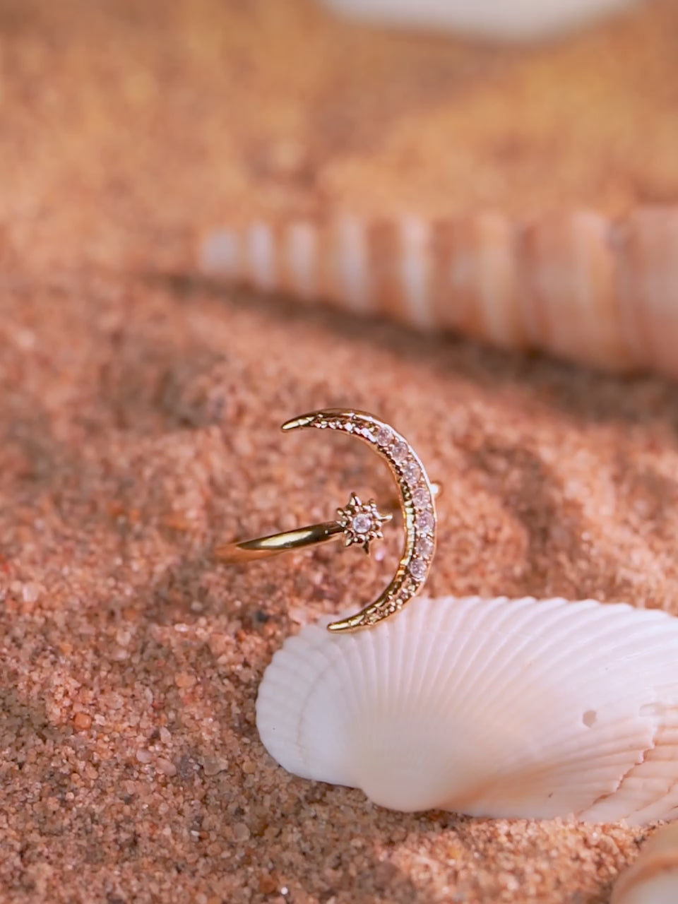 18K Gold Plated Crescent Moon &amp; Star Open Ring