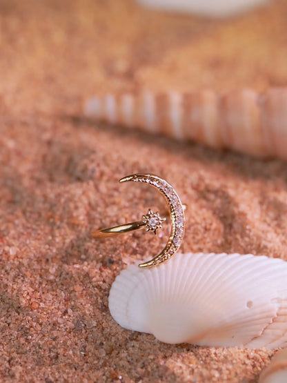 18K Gold Plated Crescent Moon &amp; Star Open Ring