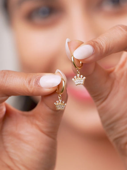 18K Gold Plated Crown Charm Hoop Earrings