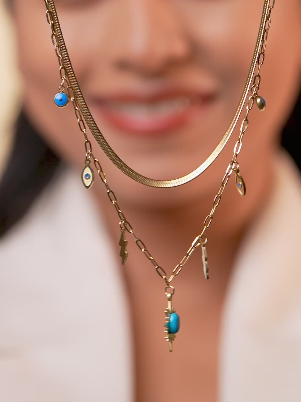 18K Gold Plated Evil Eye &amp; Lightning Layered Necklace