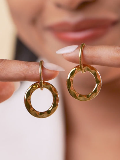 18K Gold Plated Textured Circle Drop Hoop Earrings
