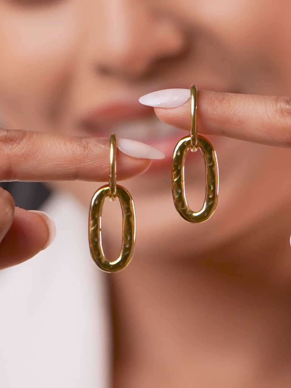 18K Gold Plated Textured Oval Drop Hoop Earrings