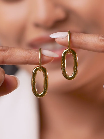 18K Gold Plated Textured Oval Drop Hoop Earrings
